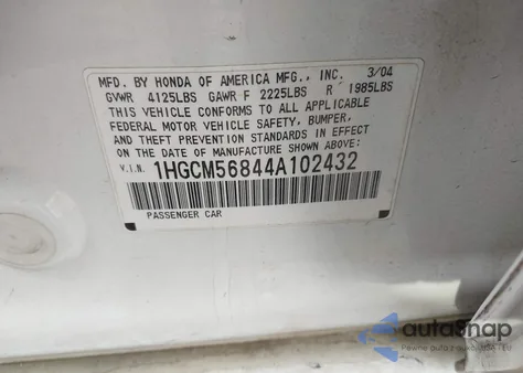 2004 Honda Accord Ex z USA, uszkodzony, nr VIN 1HGCM56844A102432